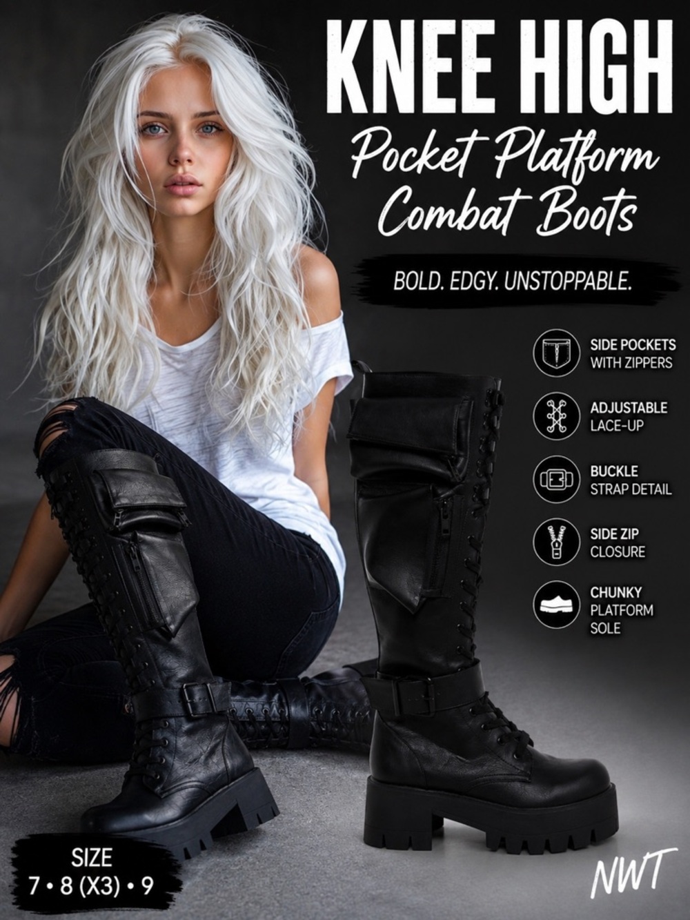 🖤Knee High Pocket Platform Combat Boots Black NWT 🖤